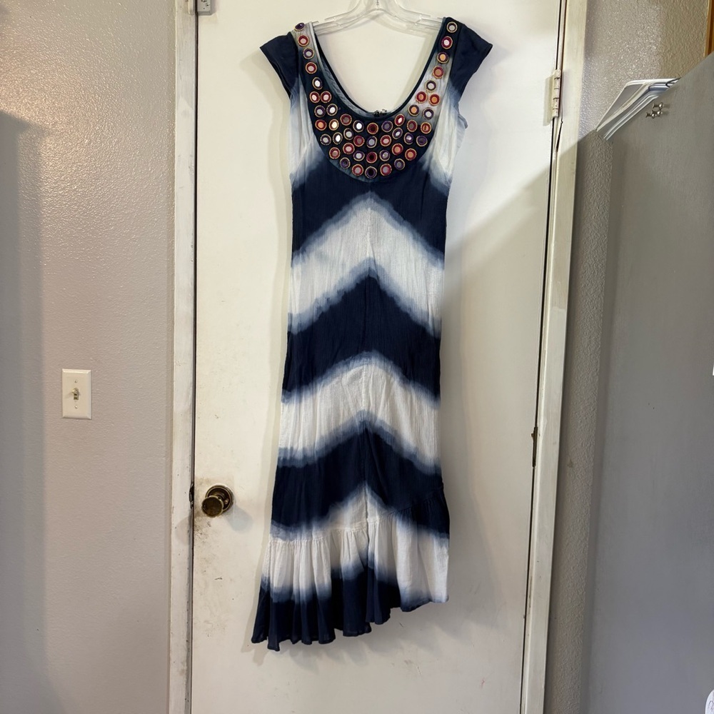 Calypso St. Barth Blue White Tie Dye Dress Midi Vacation Mirror Beaded Stripe L